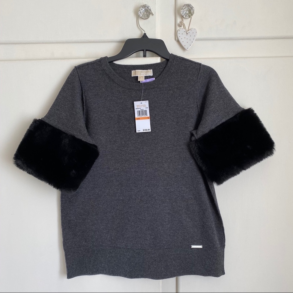 NEW Michael Kors Derby Sweater Fur Short Sleeves S